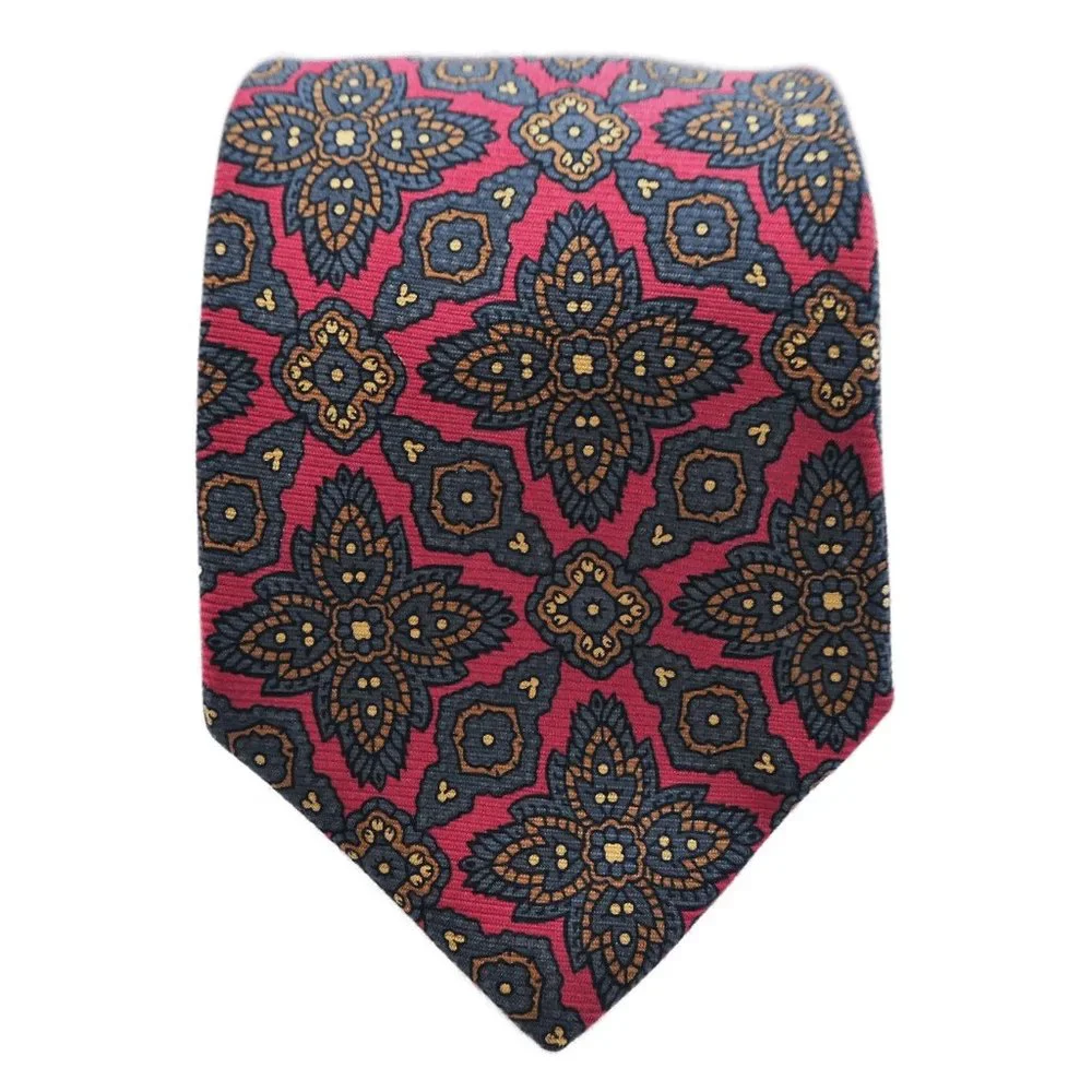 Vintage Burberrys of London Tie Mandala Floral Red Grey Yellow Gold 3.5 wide